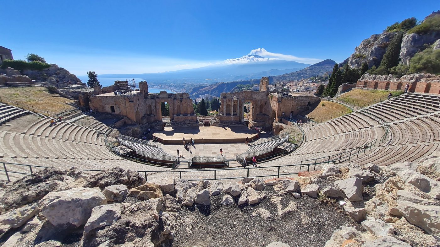 The ancient Greek-Roman theatre of Taormina overlooking the sea